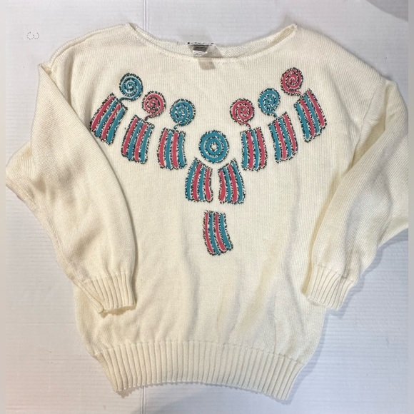 Vintage Kenneth Too Ivory Aztec Pullover Sweater Turquoise Embellished Sz S/M - Picture 2 of 12